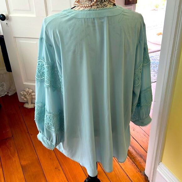 *Karl Lagerfeld* Sz 1X Seafoam Green Embroidered Lace Accent Tassel Bloue - Picture 7 of 10